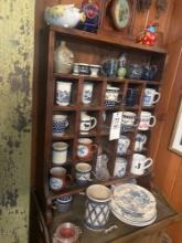 contents of shelf fine china face crock and more