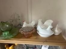 milk glass hens, glass figurural lady flower frog, depression glass and more