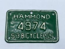 1953-1955 Hammond Bicycle License Plate