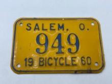 1960 Salem Ohio Bicycle License Plate