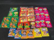 assorted wax packs and wrappers, garbage, pail kids, football, wacky packages