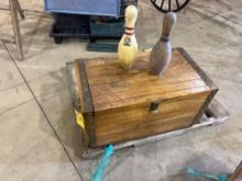 Vintage Chest And Bowling Pins And Contents