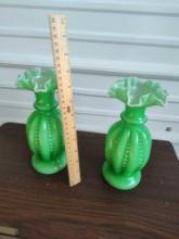 2 Fenton Beaded Melon Green Incased Vases