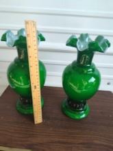 Rare 2 Fenton Emerald Green Incased Vases 11" tall Willow