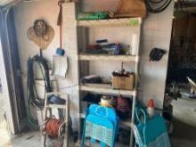 Hose Reel, Cords, Plastic Shelving, & Contents - Radio, Mini Shop Vac, Folding Chairs, & more