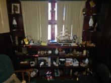 Office Shelving Contents - Bounty Ship, Glass Decor, Money Sorting Items, & Small Items