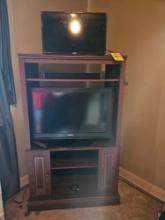 Corner Entertainment Center, Sanyo TV, Small Philips TV, & Vizio Sound Bar