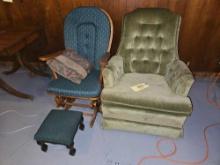 Cushioned Platform Rocking Chair w/ Ottoman & Green Cushioned Arm Chair