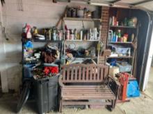 Garage Wall Contents - Wooden Bench, Croquet Set, Sprays, Oils, Tools, TV, & more