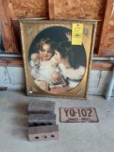 Ornate Framed Painting, 1937 Ohio License Plate, & Belden/Alliance Ohio Bricks