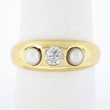 Antique 14k Yellow Gold 0.28 ctw European Diamond w/ 3.9mm Pearl Accents Band Ri