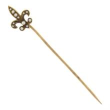 Antique Victorian 14K Rosy Yellow Gold Seed Pearl Fleur De Lis Stick Pin