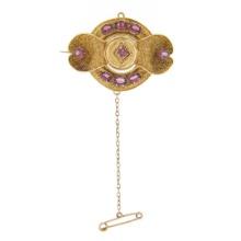 Antique Etruscan Revival 14k Gold Rhodolite Garnet Floral Repousse Work Brooch