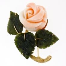 Vintage 14K Yellow Gold Carved Pink Coral Rose Flower w/ 3 Jade Leaf Brooch Pin