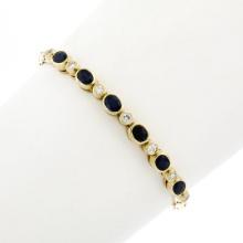 18K Yellow Gold 2.60 ctw Alternating Oval Sapphire Round Diamond Chain Bracelet