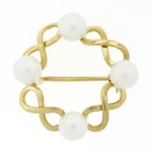 Vintage 14k Yellow Gold Alternating Infinity White Pearl Open Wreath Pin Brooch