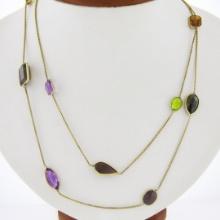 14k Gold 37" Long Bezel Natural Gemstone Multicolor By the Yard Chain Necklace