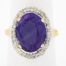 Vintage 14K TT Gold 7.15 ctw Oval Amethyst w/ Round Diamond Halo Cocktail Ring