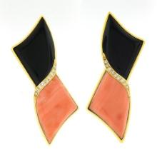 Vintage 18k Gold Large Black Onyx & Coral w/ Diamond Ribbon Bow Climber Earrings