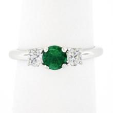 Jabal 18k White Gold 0.92 ctw Round Brilliant Emerald & Diamond Three 3 Stone Ri