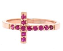 NEW Solid 14k Rose Gold 0.25 ctw Round Cut Blood Red Ruby Curved Cross Band Ring