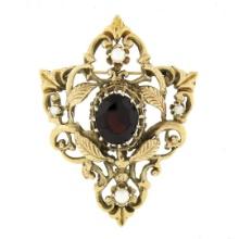 Antique Victorian Revival 14K Gold Oval Garnet & Pearl Floral Pin Brooch Pendant