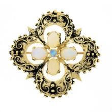 Vintage Victorian Revival 14K Gold Cabochon Opal Open Quatrefoil Pin Brooch