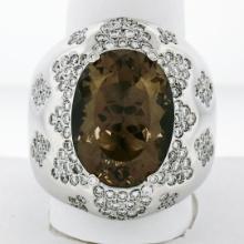 Large Bold 18K White Gold Oval Smoky Quartz 2.50 ctw Diamond Cluster Cocktail Ri