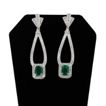 2.23 ctw Emerald and 1.45 ctw Diamond Platinum Dangle Earrings