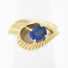 14k Gold 0.80 ctw Oval Sapphire Solitaire Polished Grooved Open Loop Bypass Ring