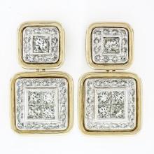 18k Two Tone Gold 3.60 ctw Princess Round Diamond Large Dual Square Drop Earring