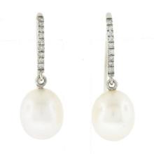 New 14k White Gold 0.10 ctw Pave Diamond Hook Earrings w/ White Pearl Drop Dangl