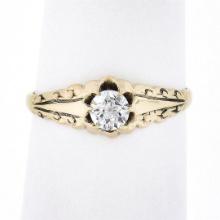 Antique 14k Gold 0.30 ctw Old European Diamond Engagement Ring w/ Repousse Sides