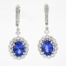 NEW 14k White Gold Oval Tanzanite & Round Brilliant Diamond Drop Dangle Earrings