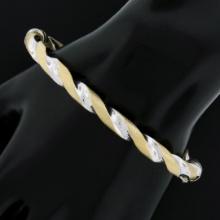 Italian 14K TT Gold 7" Polished & Matte Finish Twist Hinged Open Bangle Bracelet