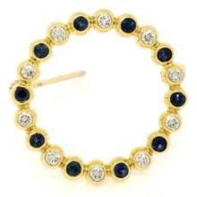 18k Yellow Gold.70 ctw Bezel Round Sapphire & Diamond Circle of Life Pin Brooch