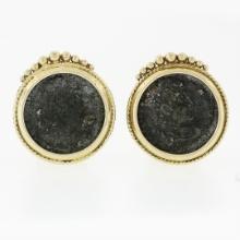 Vintage 18k Yellow Gold 18.3mm Bezel Set Round Ancient Coin Omega Back Earrings