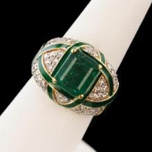 3.04 ctw Emerald and 1.38 ctw Diamond 18K Yellow Gold Ring with Green Enamel Inl