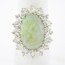 Vintage 14k Gold Oval Cabochon Opal w/ 4.0 ctw Round Diamond Halo Cocktail Ring