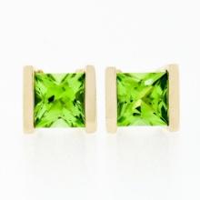 Classic 14K Yellow Gold 2.60 ctw Square Cut Channel Set Peridot Post Stud Earrin