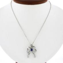 Vintage 18K White Gold 1 ctw Sapphire & Diamond Bow Ribbon Pendant w/ 14k Chain