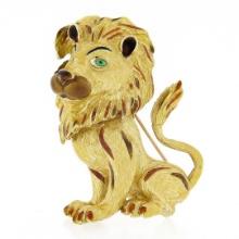 Large Vintage 18K Gold Multicolor Enamel Detailed Textured Lion Brooch Pin