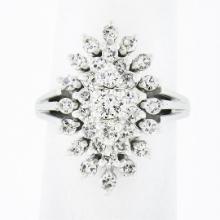 Vintage 14K White Gold 1.03 ctw Prong Diamond Navette Shape Tiered Cluster Ring