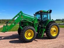 1994 John Deere 7800 tractor, CHA, MFD, John Deere 740 loader, 16-spd power quad trans, 480/80R42