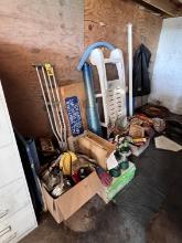 MISC. LOT IN CORNER: HOUSEHOLD ITEMS, SPORTING GOODS, SUNDRIES