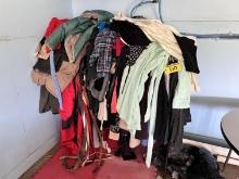 LOT OF MISC. CLOTHING ITEMS, JACKETS, OUTERWEAR, BELTS, SLIPPERS, MISC.