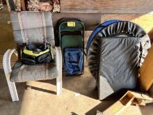 MISC. LOT: EDDIE BAUER PORTABLE OUTDOOR TABLE, RADIO, 3-CHAIRS, EXERCISE EQUIPMENT, MISC.