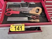 CONTENTS OF 2-DRAWERS: HAND SAWS, SHEARS, EXTENSION HANDLES, HAMMERS, DRILL BITS