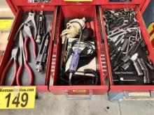 CONTENTS OF 3-DRAWERS: SOCKETS, PLIERS, TESTERS, COMBINATION WRENCHES, MISC. HAND TOOLS