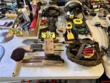 MISC. TOOL LOT: RIVET TOOLS, DRILL BIT SET, STUD FINDER, TAPE MEASURES, BRUSHES, MISC. HAND TOOLS